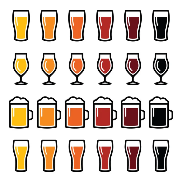 Vasos de cerveza diferentes tipos de iconos - lager, pilsner, ale, cerveza de trigo, stout — Archivo Imágenes Vectoriales