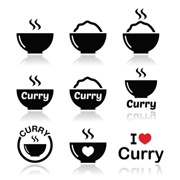 Curry, indisk kryddstark mat ikoner set — Stock vektor