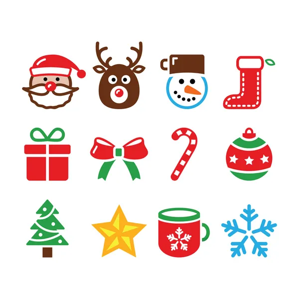 Conjunto de iconos coloridos de Navidad - Santa Claus, presente, árbol, Rudolf — Vector de stock