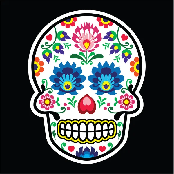 Cráneo de azúcar mexicano - Estilo de arte popular polaco - Wzory Lowickie, Wycinanka en negro — Vector de stock