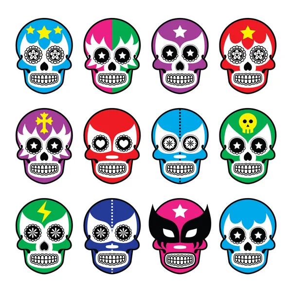 Lucha Libre - el cráneo de azúcar enmascara iconos — Vector de stock