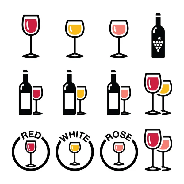 Los tipos de vino - rojo, blanco, rosa iconos conjunto — Archivo Imágenes Vectoriales