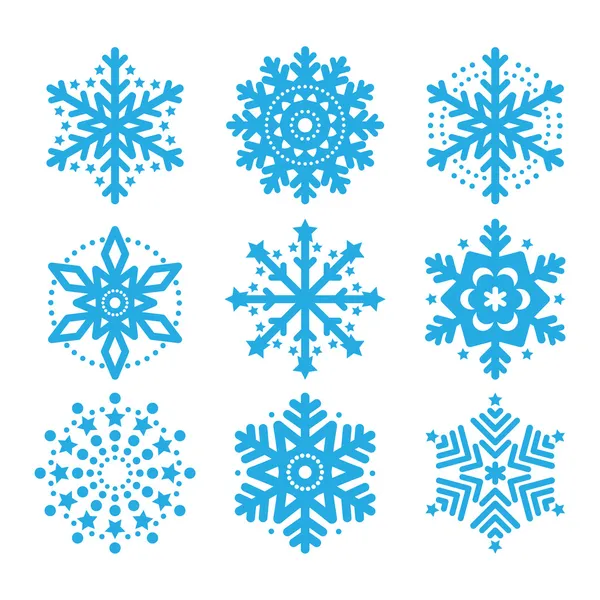 Copos de nieve, conjunto de iconos de vector azul invierno — Vector de stock