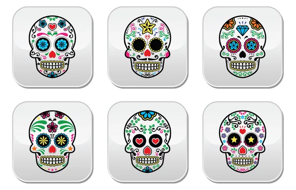 Mexican sugar skull, Dia de los Muertos buttons set on white background — Stock Vector