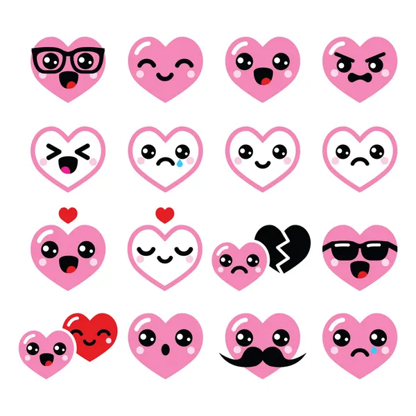 Kawaii hearts, Valentine's Day cute vector icons set Stock Vector