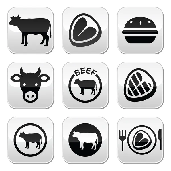 Beef meat, cow vector buttons set — Stock Vector