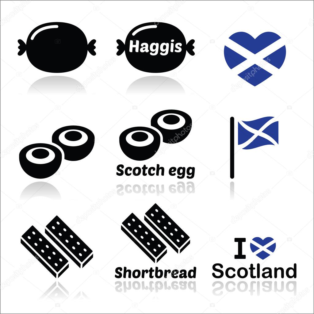 Scottish food - Haggis, Scotch egg, Shortbread icons set