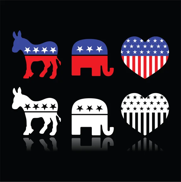 USA politikai pártok szimbólumok - demokraták és a republikánusok, fekete — Stock Vector