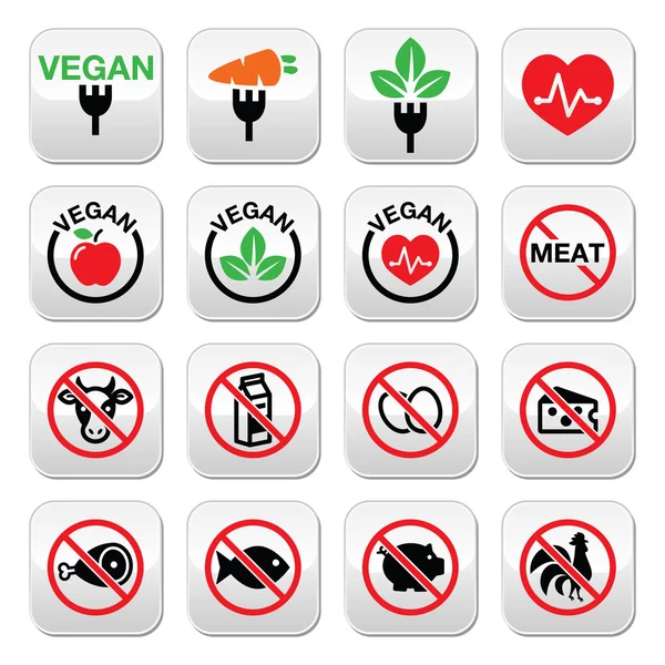 Vegan, no meat, vegetarian, lactose free buttons set — Stock Vector