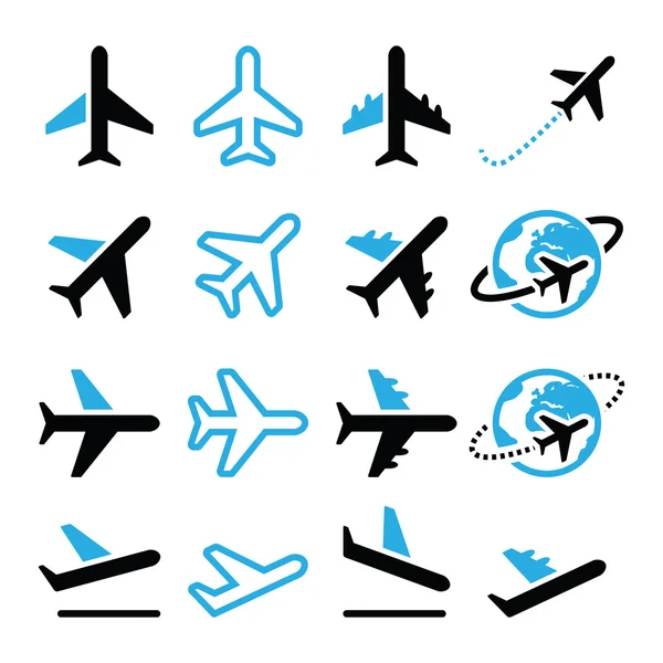 Conjunto de iconos de avión, vuelo, aeropuerto, negro y azul — Vector de stock