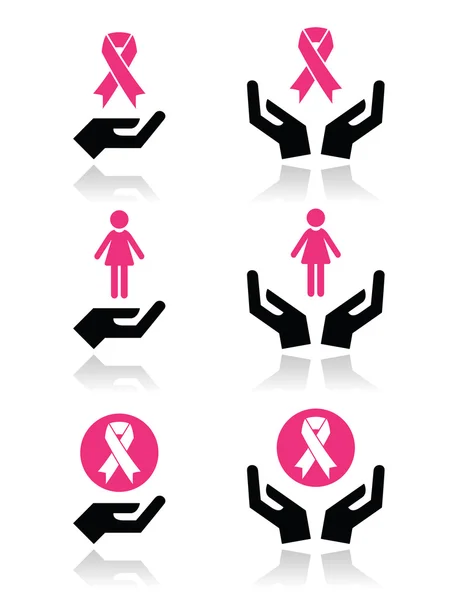 Rubans roses - sensibilisation au cancer du sein avec les mains icônes ensemble — Image vectorielle