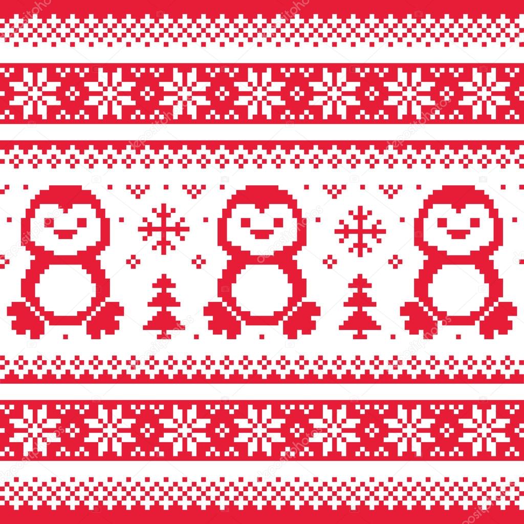 Christmas, winter knitted pattern with penguins - Scandinavian sweater style