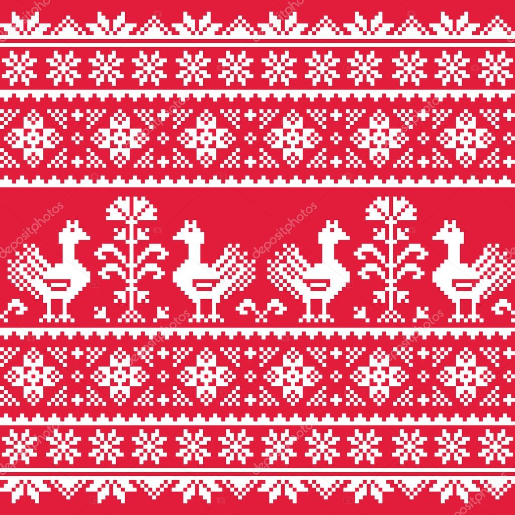 Ukrainian Slavic folk art knitted red emboidery pattern with birds