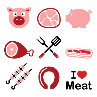 domuz, domuz eti - pembe jambon ve domuz pastırması Icons set