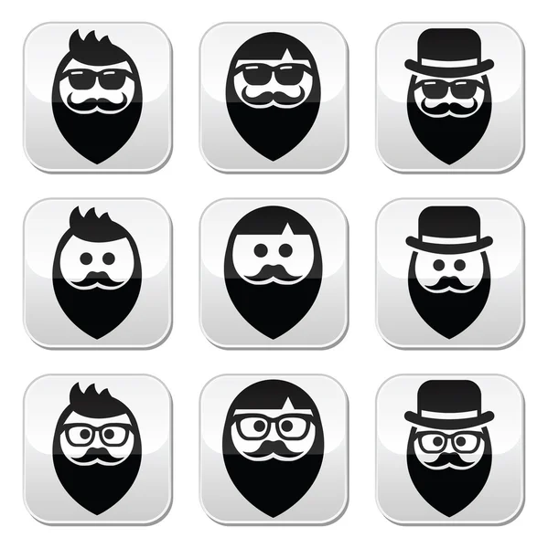 Hombre con barba con bigote o bigote, conjunto de botones hipster — Archivo Imágenes Vectoriales