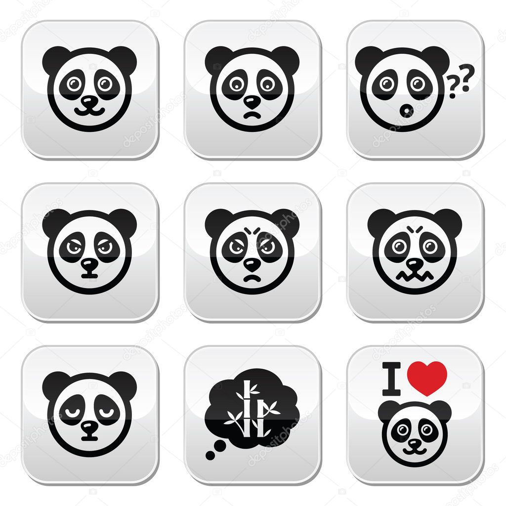 Panda bear buttons set - happy, sad, angry isolated on white