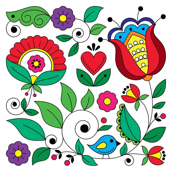 Scandinavische Folk Kunst Vector Vierkante Bloemen Ontwerp Met Vogel Geïnspireerd — Stockvector