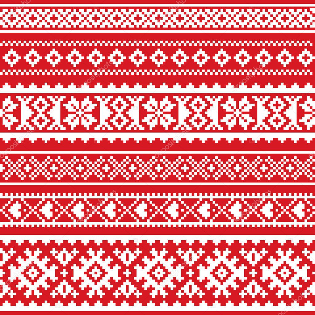 Sami vector seamless pattern, Lapland folk art, traditional knitting and embroidery design in white on red background 