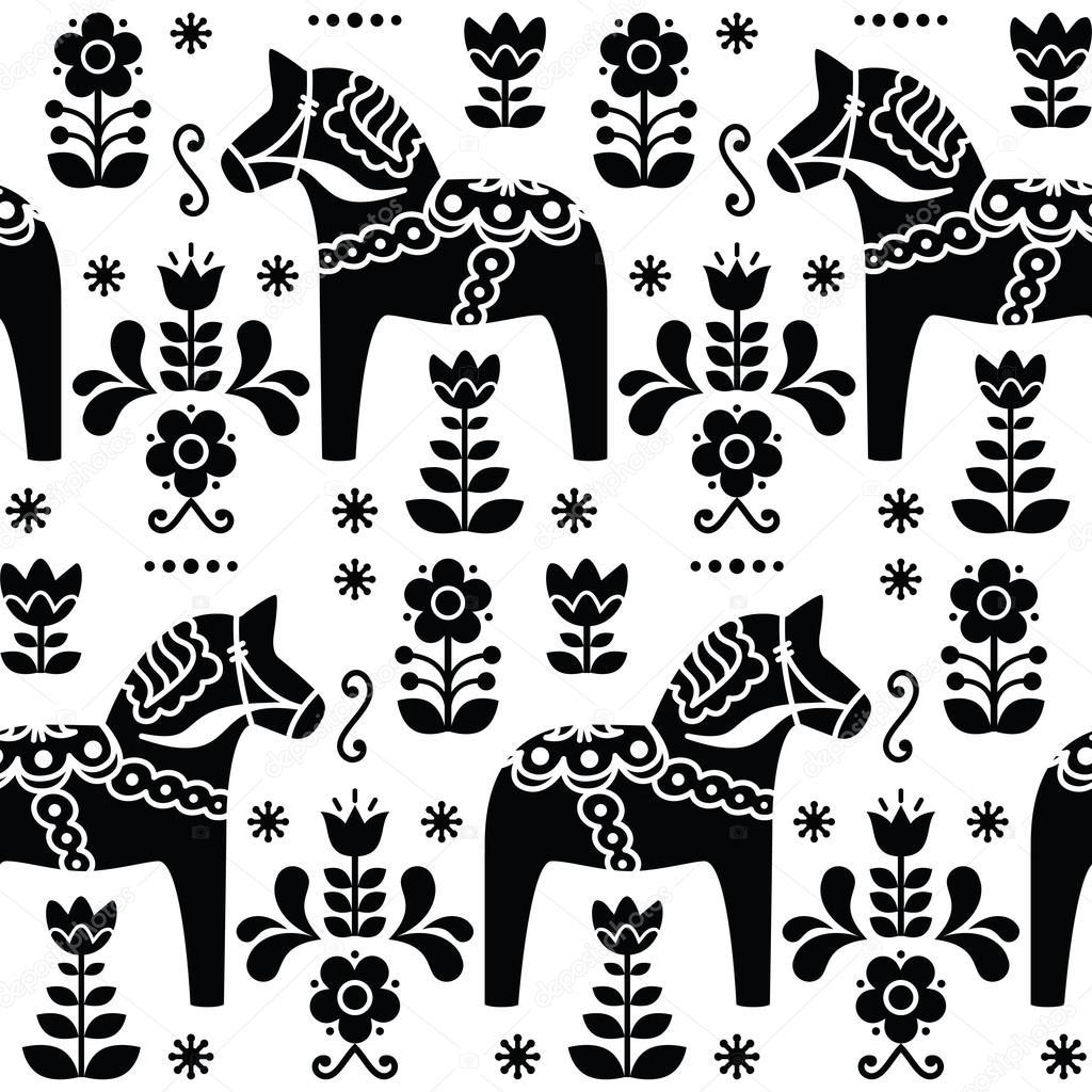 Swedish folk art Dala or Daleclarian horse seamless pattern in black