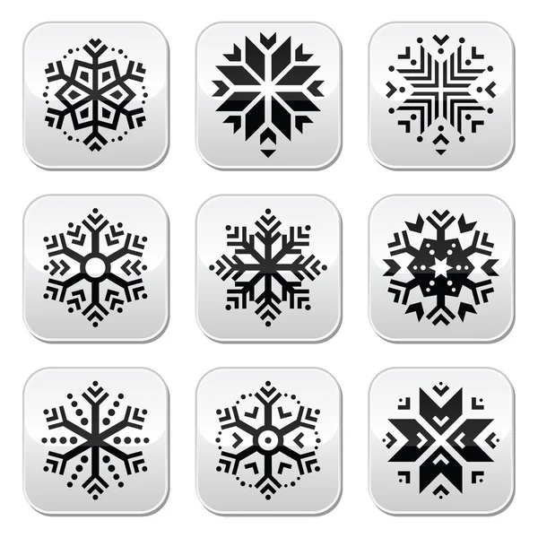 Botones de copos de nieve sobre fondo blanco y negro — Vector de stock