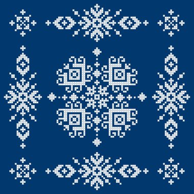 Bosna-Hersek etnik halk sanatı modeli Zmijanje çapraz dikişli desenli donanım mavisi arka planda beyaz desenli kare dekoratif süsleme şeklinde tasarlandı