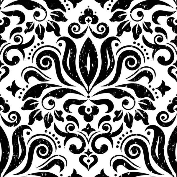 Retro Damask Wallpaper Fabric Print Vector Seamless Pattern Black Scratched — Stock Vector