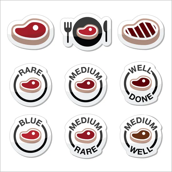 Biefstuk - medium, zeldzame, goed gedaan, gegrilde pictogrammen instellen — Stockvector