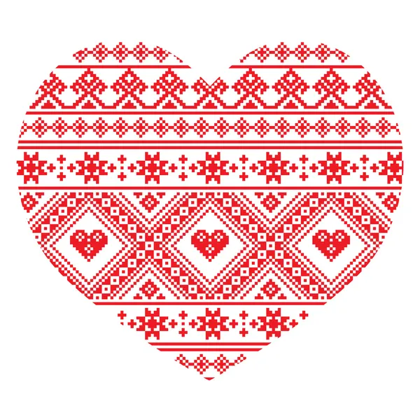 Tradicional ucraniano arte popular corazón tejido patrón de bordado rojo — Vector de stock