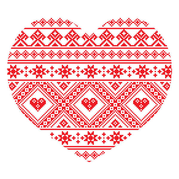 Traditional Ukrainian folk art heart knitted red embroidery pattern