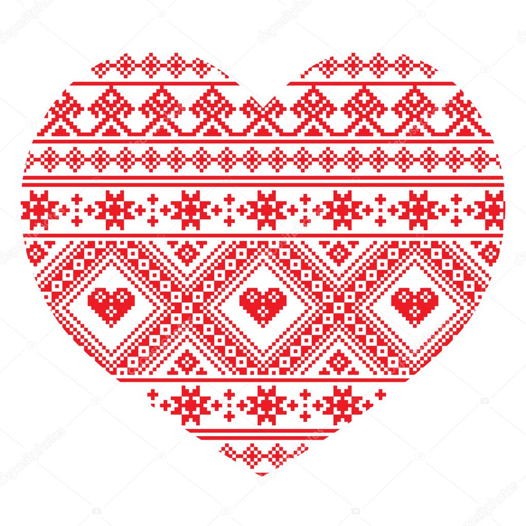 Traditional Ukrainian folk art heart knitted red embroidery pattern