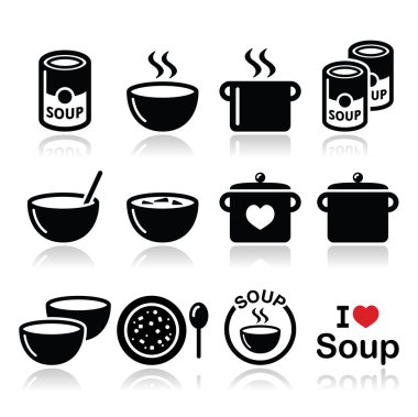 Soup in bowl, can and pot - food icon set clipart