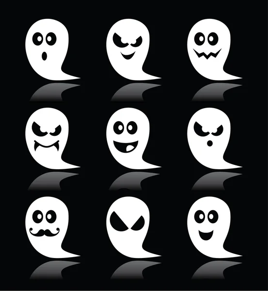 Halloween vector fantasma iconos establecidos en el fondo negro — Vector de stock