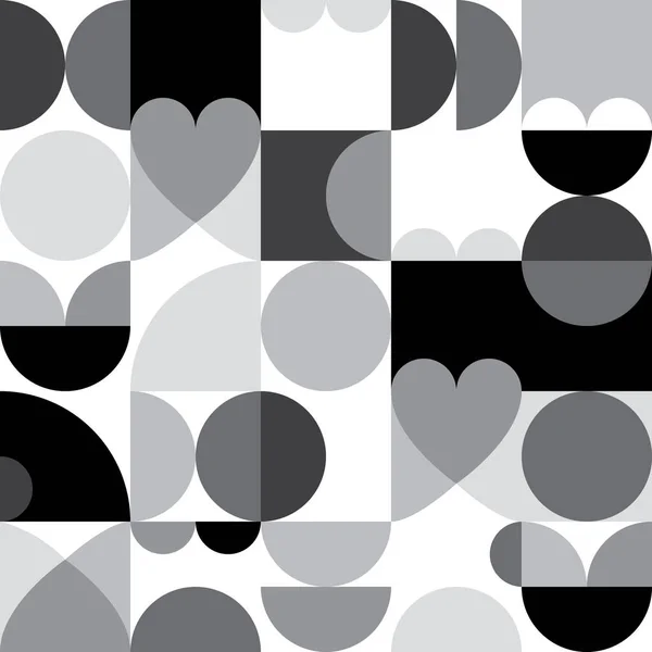 ミッド世紀現代の60年代と70年代のスタイルベクトルのシームレスパターン 黒と白の心を持つレトロなミニマリスト幾何学的なテキスタイルやファブリックプリント — ストックベクタ