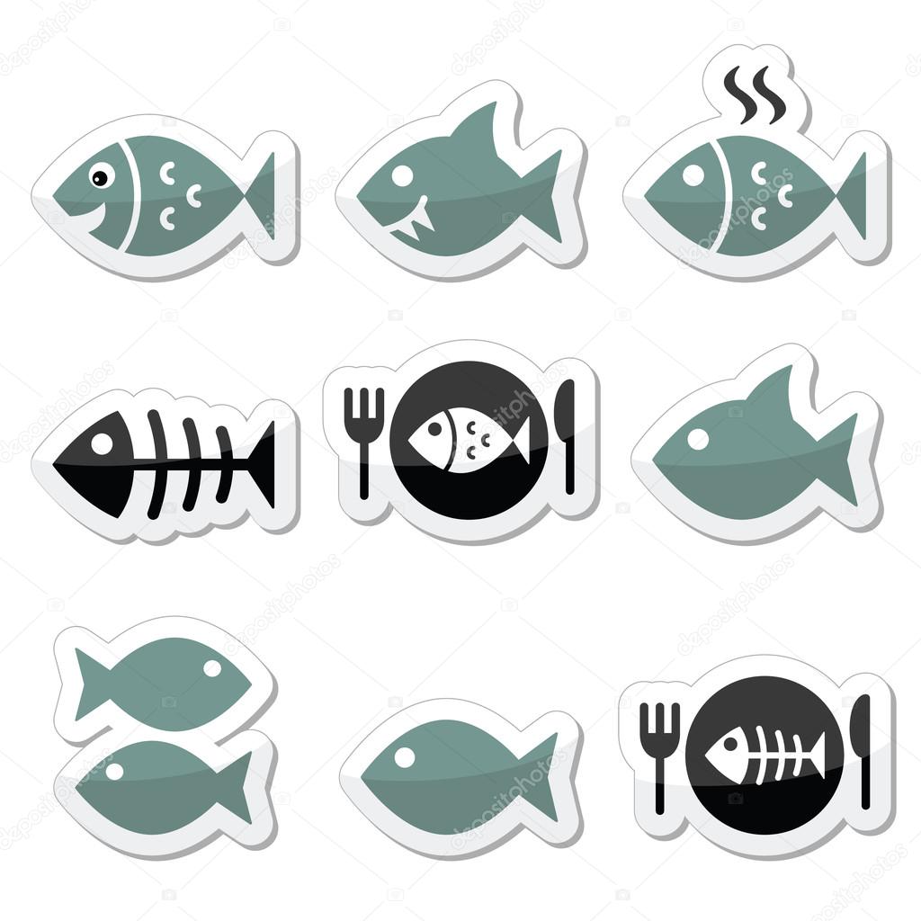 Fish, fish on plate, skeleton vector icons