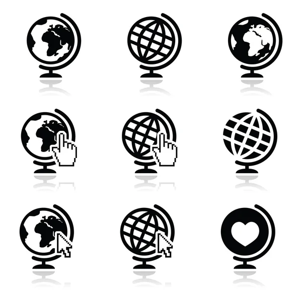 Globo tierra vector iconos con la mano del cursor y flecha — Vector de stock