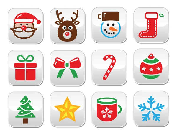 Set di bottoni colorati natalizi - Babbo Natale, regalo, albero, Rudolf — Vettoriale Stock