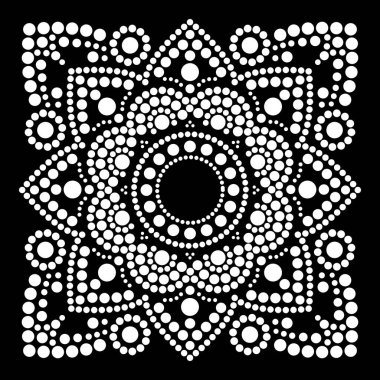 Nokta sanat vektörü etnik mandala kare, geleneksel yerli nokta boyası Avustralya 'dan siyah arka planda beyaz olarak 
