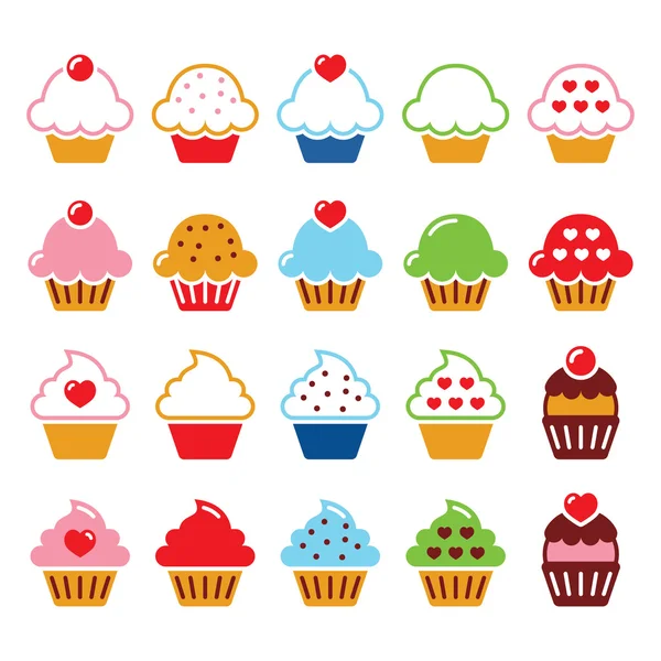 Cupcake con corazón, cereza y destellos conjunto de iconos lindos — Vector de stock