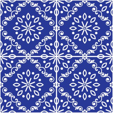 Lizbon stili Azulejo fayanssız vektör lacivert desenli, zarif dekoratif tasarım Portekiz 'den esinlenilmiş çiçek ve geometrik motifli