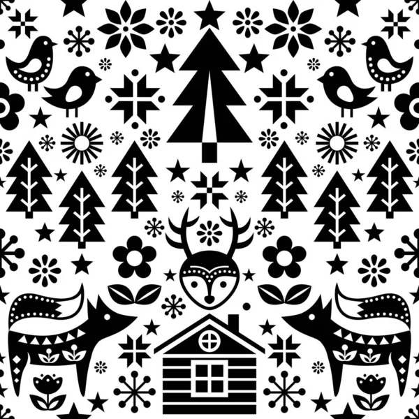Skandinavische Weihnachten Schwarz Weiß Volkskunst Nahtlose Vektormuster Mit Rentieren Vögeln — Stockvektor