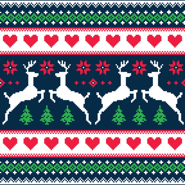 Winter, Christmas seamless pixelated pattern with deer and hearts — Stock Vector