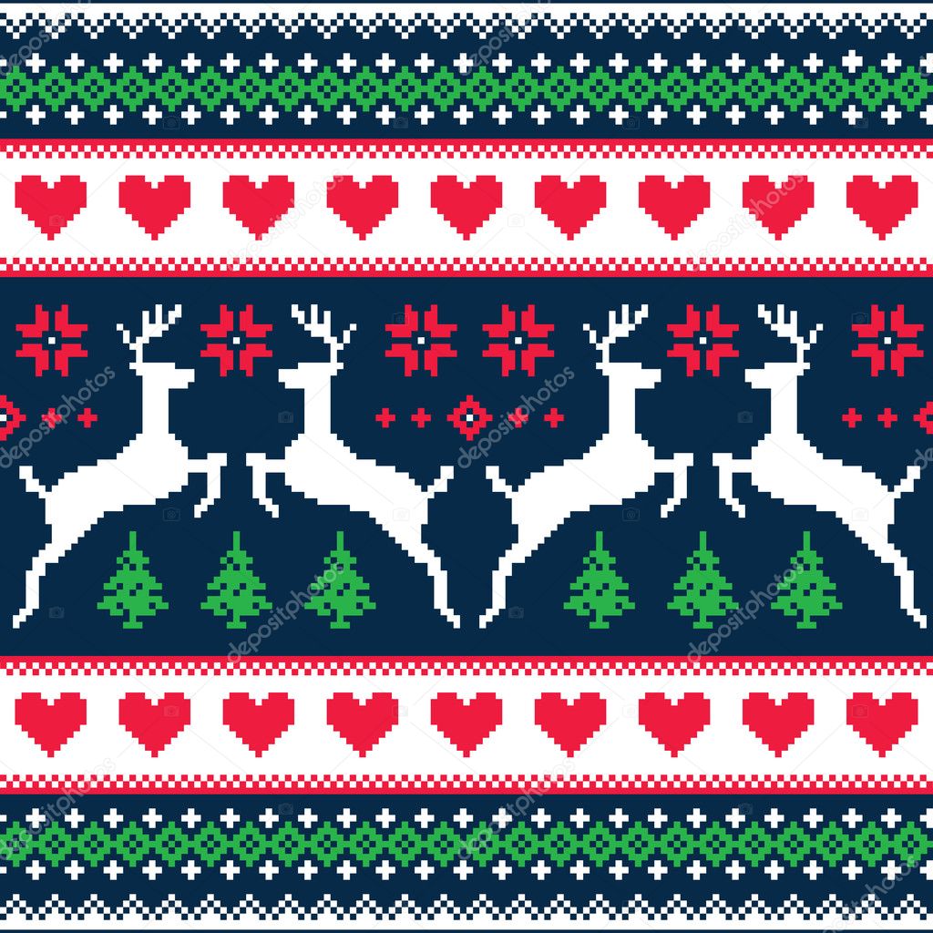 Winter, Christmas seamless pixelated pattern with deer and hearts