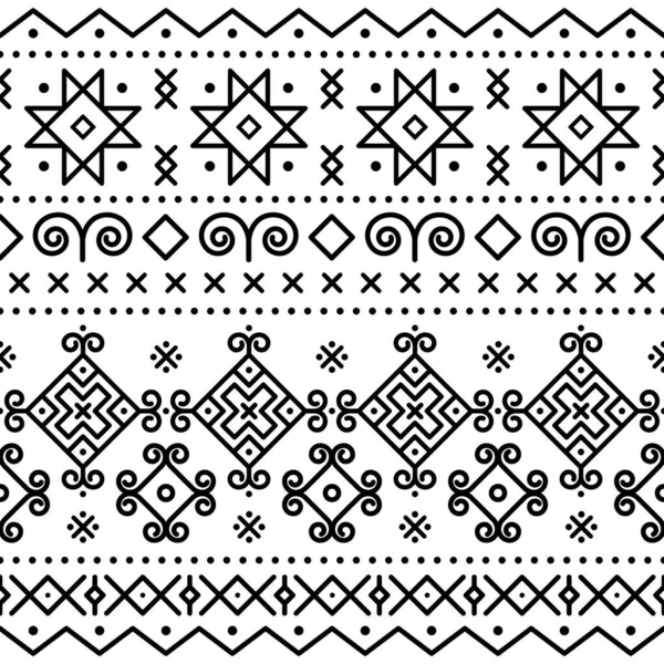 Slovakya, Cicmany 'deki eski boyalı evlerden esinlenilmiş geleneksel halk sanatı vektörsüz desen, beyaz arka planda siyah kabile geometrik şekilli retro tasarım.