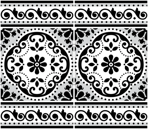 Lisbon Azulejo Tiles Seamless Vector Pattern Frame Border Portuguese Black — Stock Vector