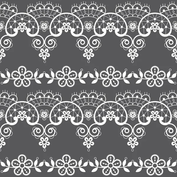 レトロなレースシームレスベクトル繊維やファブリックプリントパターン 灰色の背景に白で花や渦と装飾反復的なデザイン — ストックベクタ