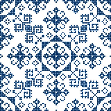 Bosna-Hersek 'in geleneksel retro vektör halk sanatı kusursuz desen - Zmijanje çapraz dikiş tasarım tarzı 