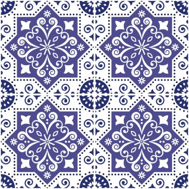 Lizbon Azulejo fayanssız vektör deseni, deniz mavisi, Portekiz geometrik fayanslı retro tasarımı