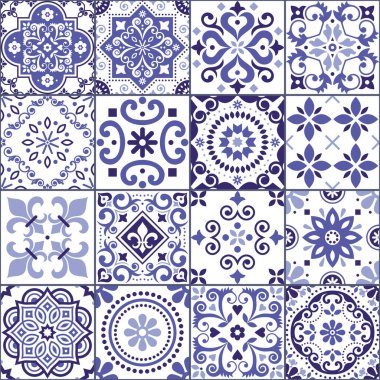 Portekiz ve İspanyol azulejo seramikleri, Portekiz ve İspanya 'dan esinlenerek yapılmış mor ve beyaz geleneksel çiçek desenli kusursuz vektör deseni koleksiyonu.