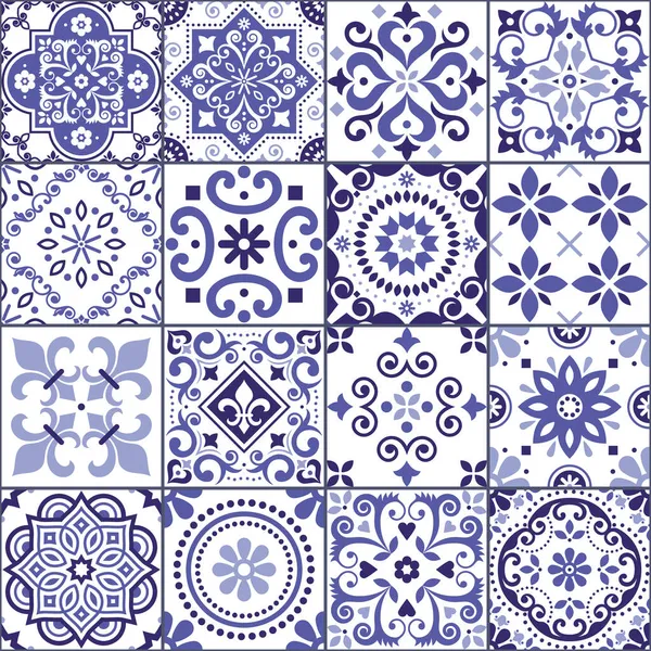 Portuguese Spanish Azulejo Tiles Seamless Vector Pattern Collection Purple White — Stock Vector