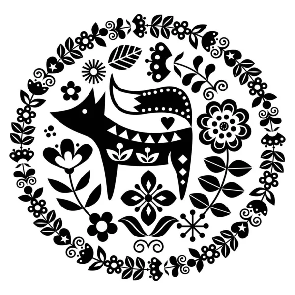 Vecteur Art Populaire Scandinave Mignon Motif Rond Noir Blanc Avec — Image vectorielle